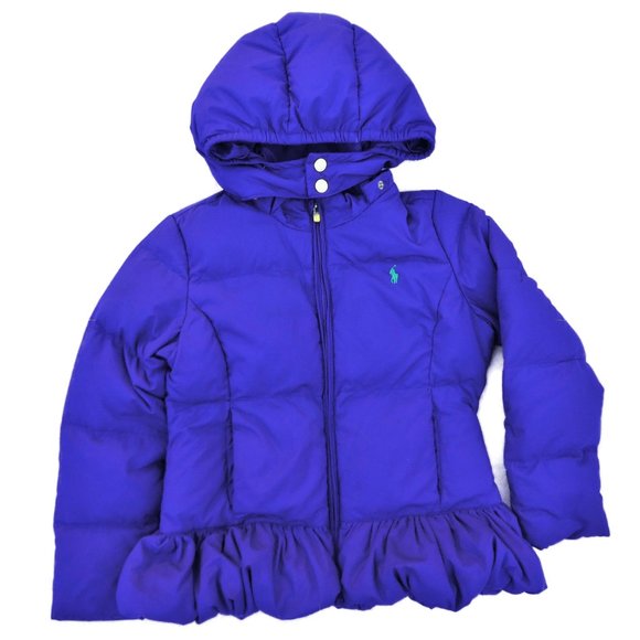 Ralph Lauren Purple Puffy Coat Peplum Detachable Snap Hood Green Pony Down XS - Picture 10 of 13
